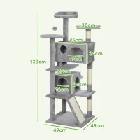 PawHut 138cm Cat Tree, Multi-Level Cat Tower with Scratching Posts and Pad, Bed, Condos, Platforms, Toy Balls, Light Grey(m-3)