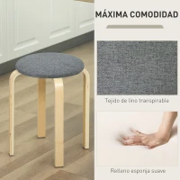 HOMCOM Juego de 4 Taburetes Redondos de Madera Apilables con Asiento Acolchado para Cocina Comedor Dormitorio Gris(m-5)