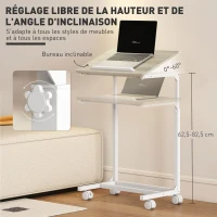 HOMCOM Table d'appoint avec roulettes en forme de C réglable en hauteur avec plateau inclinable, chêne et blanc(m-4)