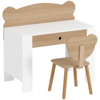 AIYAPLAY Secretária para Crianças com Cadeira em Forma de Ursinho Secretária Infantil com Gaveta para Estudar Ler e Desenhar Branco e Madeira(m-1)