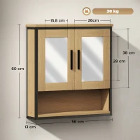 HOMCOM Armoire murale salle de bain avec miroir, meuble salle de bain avec compartiment ouvert et étagère réglable, chêne(m-3)