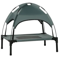 PawHut Lit chien sureleve avec parasol, lit de camp chien chat sur pieds tissu Oxford respirant, anti-UV cadre en métal sac de transport inclus couchage extérieur pour chat 161 x 46 x 61 cm gris noir(m-11)