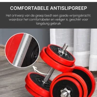 HOMCOM dumbbell set 20 kg 2-IN-1 dumbbells & barbells verstelbaar gewichtheffen voor thuis fitness spier rood + zwart 21,5 x 21,5 x 3,8 cm(m-4)
