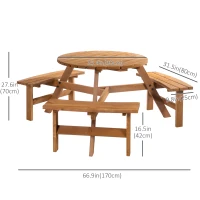 Outsunny Round Table W/3 Attached Benches-Fir Wood(m-3)