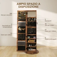 HOMCOM Specchio Portagioie da Terra Girevole a 360° con Ripiani e Chiusura a Chiave, 55x55x161 cm, Marrone Rustico(m-6)