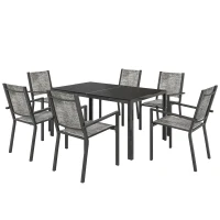 Outsunny Set Masă de Grădină cu Scaune, 7 Piese, Set de Prânz cu Masă cu Blat din Lemn Compozit cu Șipci și 6 Scaune de Exterior Stivuibile, Mobilier din Oțel cu Texteline, Gri și Negru(m-11)