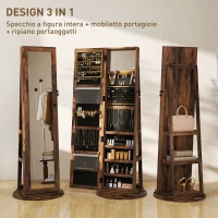 HOMCOM Specchio Portagioie da Terra Girevole a 360° con Ripiani e Chiusura a Chiave, 55x55x161 cm, Marrone Rustico(m-4)