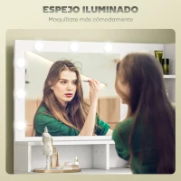 HOMCOM Tocador de Maquillaje con Luz y Taburete Mesa de Maquillaje con 2 Cajones y Estantes de Almacenamiento Blanco(m-4)