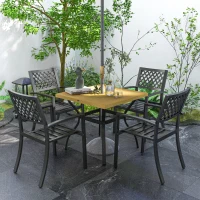 Outsunny Set Tavolo e 4 Sedie da Giardino, Piano Effetto Marmo e Sedie Impilabili con Braccioli, Marrone(m-2)