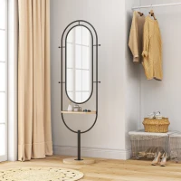 HOMCOM Oval Full Length Mirror with Wooden Tray and 4 Hooks - Black(m-9)