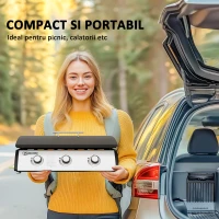 Outsunny Grătar pe Gaz din Oțel cu 3 Arzătoare, Regulator, Furtun și Capac, 63x47x25 cm, Negru(m-7)