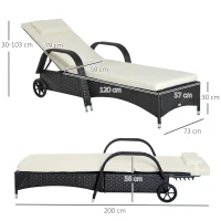 Outsunny Lettino Prendisole da Giardino con Ruote, Sedia a Sdraio per Spiaggia con Altezza Regolabile in Rattan, Nero e Crema, 200x73x103cm(m-3)