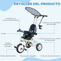 HOMCOM Triciclo para Bebés de +12 Meses con Toldo Plegable Mango de Empuje Telescópico Desmontable y Portabotellas Azul Blanco(m-7)