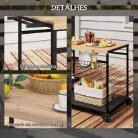 Outsunny Carrinho Auxiliar com Rodas de Madeira com 2 Prateleiras 2 Cestas Metálicas e Suportes para Garrafas  97,5x65x81 cm Madeira e Preto(m-6)