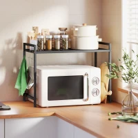 HOMCOM Suport extensibil pentru cuptor cu microunde pe 2 niveluri cu 3 cârlige, din metal, negru(m-2)