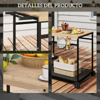 Outsunny Camarera con Ruedas de Madera con 2 Estantes 2 Cestas Metálicas y Soportes para Botellas 97,5x65x81 cm Natural y Negro(m-6)