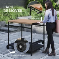 Outsunny Camarera con Ruedas de Madera con 2 Estantes 2 Cestas Metálicas y Soportes para Botellas 97,5x65x81 cm Natural y Negro(m-5)