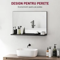 kleankin Oglindă de Baie de Perete Modernă cu Raft 60x12x40 cm Negru(m-4)
