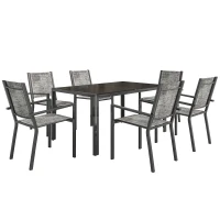 Outsunny Set Masă de Grădină cu Scaune, 7 Piese, Set de Prânz cu Masă cu Blat din Lemn Compozit cu Șipci și 6 Scaune de Exterior Stivuibile, Mobilier din Oțel cu Texteline, Gri și Negru(m-10)