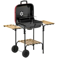 Outsunny Grătar cu Cărbune 3 Rafturi și Roți, Capac cu Aerisire Reglabilă, Roșu(m-11)