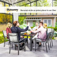 Outsunny Set Masă de Grădină cu Scaune, 7 Piese, Set de Prânz cu Masă cu Blat din Lemn Compozit cu Șipci și 6 Scaune de Exterior Stivuibile, Mobilier din Oțel cu Texteline, Gri și Negru(m-9)