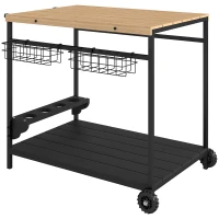 Outsunny Camarera con Ruedas de Madera con 2 Estantes 2 Cestas Metálicas y Soportes para Botellas 97,5x65x81 cm Natural y Negro(m-11)