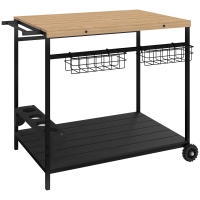 Outsunny Camarera con Ruedas de Madera con 2 Estantes 2 Cestas Metálicas y Soportes para Botellas 97,5x65x81 cm Natural y Negro