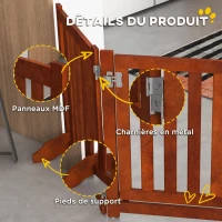 PawHut Barrière de sécurité chien pliable double face en bois, 4 panneaux avec porte, pieds de support, 205 x 60 cm, marron(m-7)