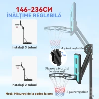 SPORTNOW Coș de Baschet Exterior Reglabil 146-236 cm cu Roți și Bază Reîncărcabilă(m-4)