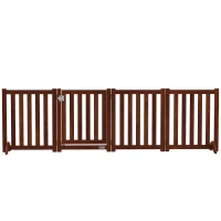 PawHut Barrière de sécurité chien pliable double face en bois, 4 panneaux avec porte, pieds de support, 205 x 60 cm, marron(m-1)