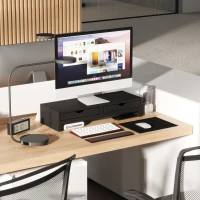 HOMCOM Dual Monitor Stand Riser with 2 Drawers, Adjustable Length and Angle, 116cm Monitor Riser for Laptop, Computer, PC, Small Printer, Black(m-9)