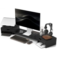 HOMCOM Dual Monitor Stand Riser with 2 Drawers, Adjustable Length and Angle, 116cm Monitor Riser for Laptop, Computer, PC, Small Printer, Black(m-11)