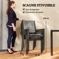 Outsunny Set Masă de Grădină cu Scaune, 7 Piese, Set de Prânz cu Masă cu Blat din Lemn Compozit cu Șipci și 6 Scaune de Exterior Stivuibile, Mobilier din Oțel cu Texteline, Gri și Negru(m-4)