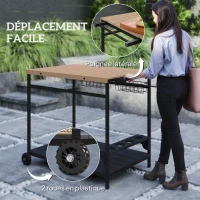 Outsunny Desserte de jardin chariot pour plancha barbecue en bois et métal avec poignée 2 plateaux 2 paniers et porte-bouteilles(m-5)
