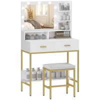 HOMCOM Tocador de Maquillaje con Luz y Taburete Mesa de Maquillaje con 2 Cajones y Estantes de Almacenamiento Blanco(m-10)
