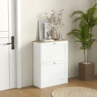 HOMCOM Narrow Shoe Cabinet with 2 Flip Drawers and Adjustable Shelves - White(m-2)