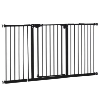 PawHut Barreira de Segurança Extensível para Portas e Escadas com Fechamento Automático e Sistema de Duplo Bloqueio 74-147,5x76,2 cm Preto(m-11)