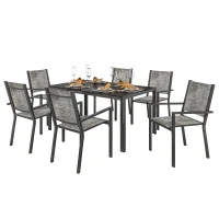 Outsunny Set Masă de Grădină cu Scaune, 7 Piese, Set de Prânz cu Masă cu Blat din Lemn Compozit cu Șipci și 6 Scaune de Exterior Stivuibile, Mobilier din Oțel cu Texteline, Gri și Negru(m-1)