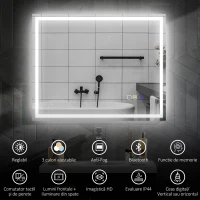 HOMCOM Oglindă Baie cu LED, Antiaburire și Boxă Bluetooth, 80x100 cm, Touch și Funcție Memorie(m-4)