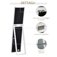 HOMCOM Specchio a Figura Intera con Supporto Richiudibile e Fori Per Montaggio, in Legno e Vetro, 37x37x154 cm, Bianco(m-6)