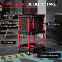 HOMCOM Cărucior pentru Scule 3 Nivele din Plastic cu Panou Lateral Roșu Negru(m-4)