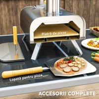 Outsunny Cuptor de Pizza cu Peleți din Lemn, Piatră Refractară și Lopată, 79x36x75 cm, Argintiu(m-7)