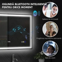 HOMCOM Oglindă Baie cu LED, Antiaburire și Boxă Bluetooth, 80x100 cm, Touch și Funcție Memorie(m-5)