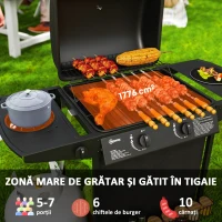Outsunny Grătar pe Gaz cu Capac, Termometru, Măsuță Laterală și Tavă pentru Colectarea Grăsimii, 107x54x96 cm, Negru(m-4)