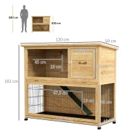 PawHut Kaninchenstall aus Holz 2 Etagen mit 3 Türen herausziehbarem Tablett Rampe Bitumendach 120 x 50 x 102 cm gelb(m-3)