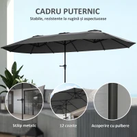 Outsunny Umbrelă Dublă cu Orificii de Ventilație și Manivelă, din Metal și Poliester, 4x2,2x2,34 m, Neagră și Gri Închis(m-6)