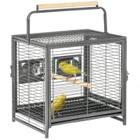 PawHut Vogeltransportkäfig aus Stahl für Papageien, Vogelkäfig mit 2 Edelstahlnäpfen, 2 Sitzstangen, Schale, schwarz(m-6)