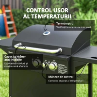 Outsunny Grătar pe Gaz cu Arzătoare Independente 3+1, Capac, Termometru și Măsuță Laterală, 123x57x98 cm, Negru(m-5)