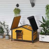 PawHut Hundehaus für Draußen mit Klappbarem Asphaltdach Fenstern und herausnehmbarer Basis 97x72x65 cm Naturholz(m-5)