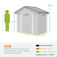 Outsunny Abri de jardin en métal 1,8 m², cabane de jardin à outils en métal, 194 x 110 x 184 cm, grand espace de rangement extérieur avec portes coulissantes et 4 aérations, gris(m-3)